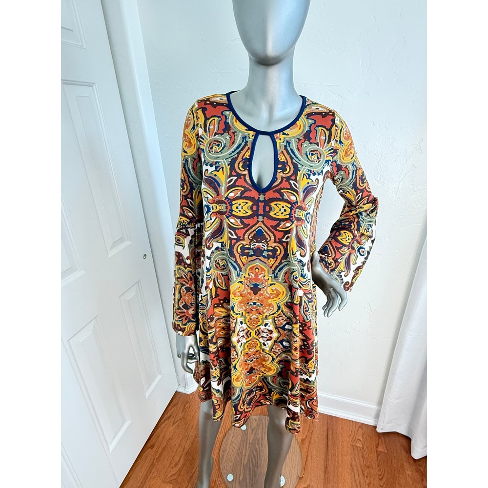 Haani Boho Retro Psychedelic Paisley Bell Sleeve Keyhole Tunic Mini Dress M - Picture 8 of 8
